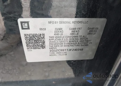 2018 Chevrolet Malibu 1Fl z USA, uszkodzony, nr VIN 1G1ZC5ST7JF240348